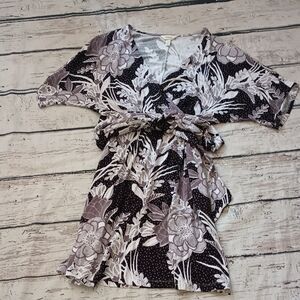 Soma Black Gray Floral Print Crossover Dress M